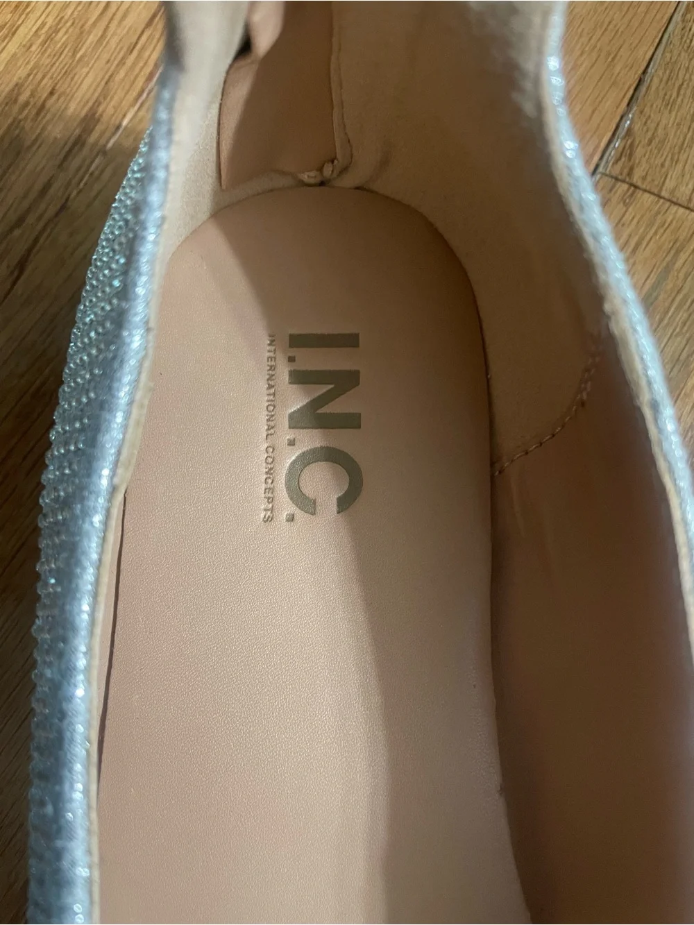 INC International Concepts Glittery Silver Ankle-Strap Flats